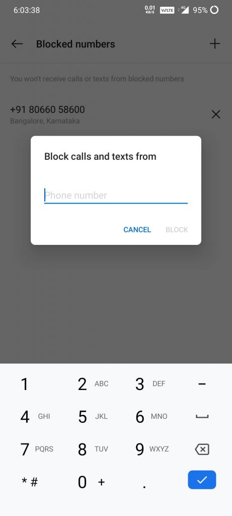 Enter the phone number to block the text messages on your Android smartphone