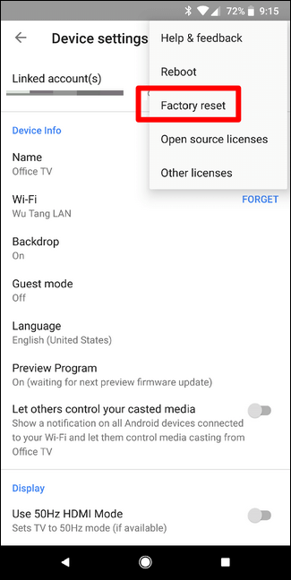 Factory reset Chromecast