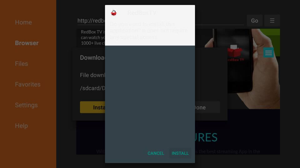 Select Install button: RedBox TV 