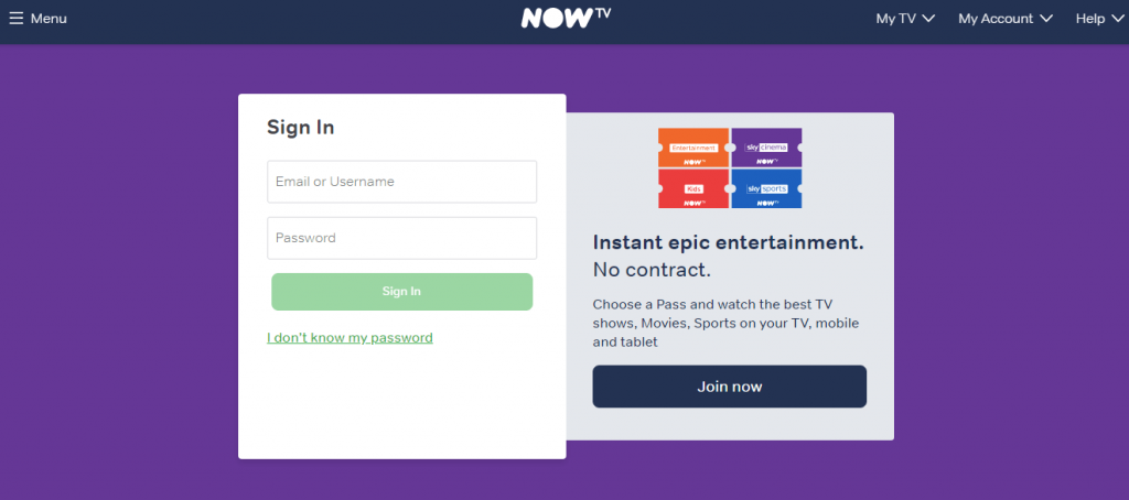 Sign into NOW TV