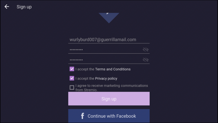 Sign up for Stremio