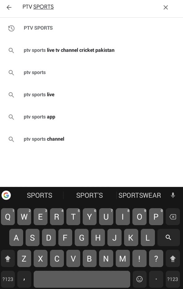 Type as PTV Sports on Search bar