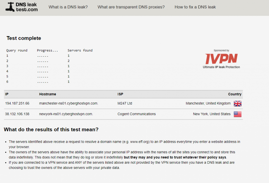 CyberGhost VPN DNS Leak Test