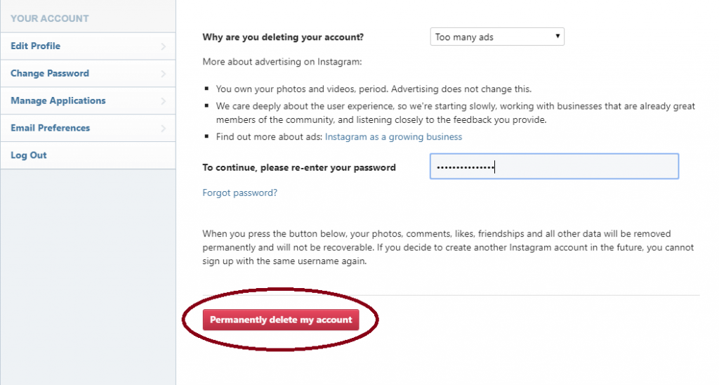 How to delete instagram account permanently