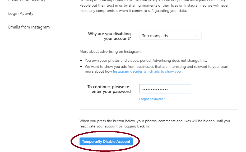 How to deactivate instagram account temporarily