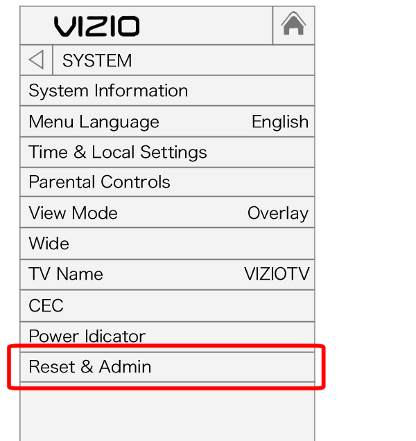 reset and admin option on vizio smart tv