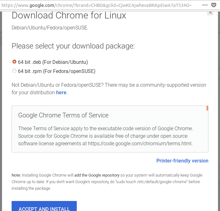 Click on Accept and Install to get Google Chrome on Ubuntu