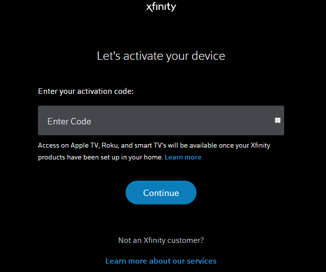 Enter the code and click Continue to Activate Xfinity Stream on Samsung TV