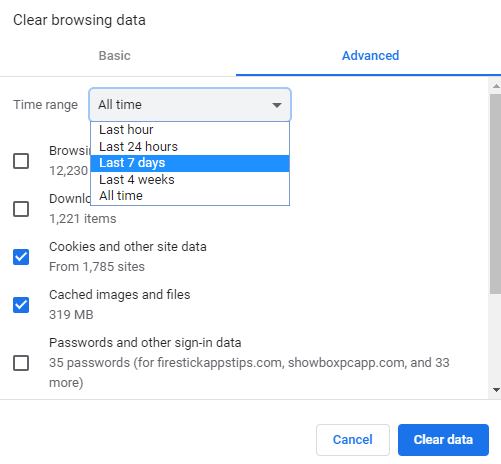 Select Clear Cache Time Range