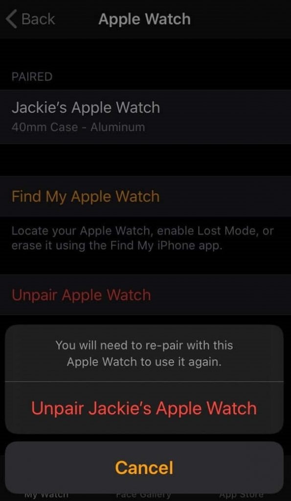 Unpair Apple Watch with iPhone