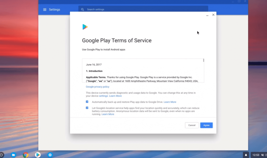 Agree to Terms and Conditions - Windows Apps on Chromebook