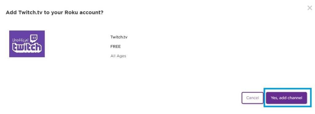 Confirm to Add Twitch to Roku