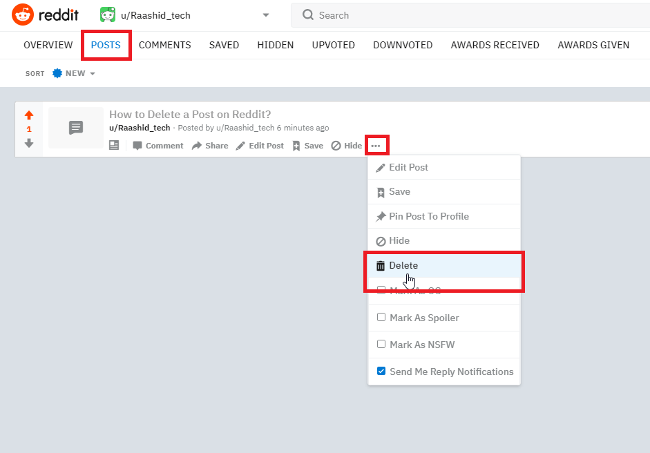 Delete Reddit Post on PC or Mac