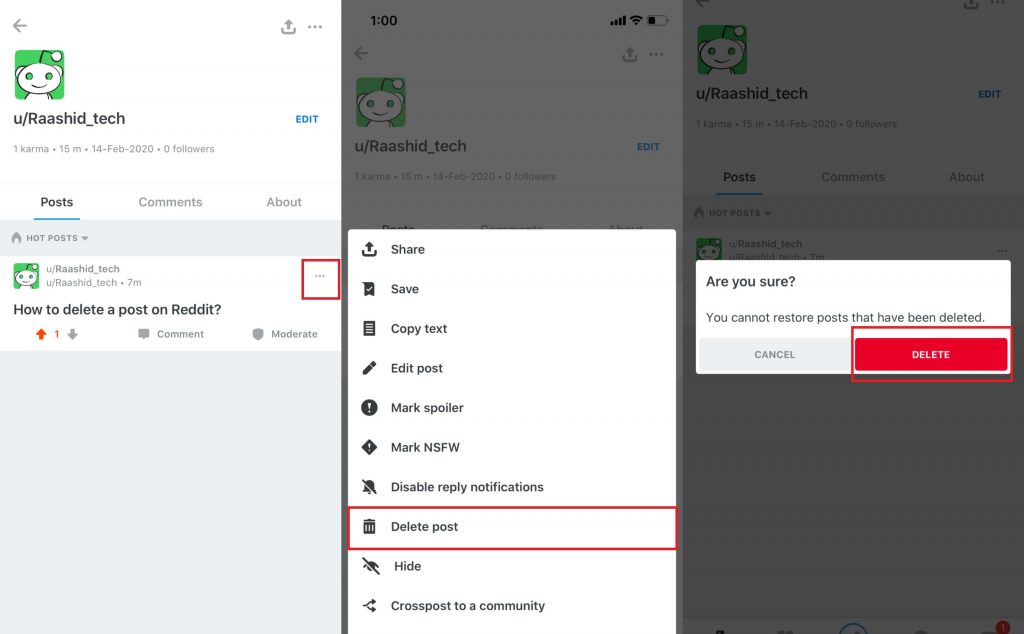 Delete Reddit Post on iPhone/iPad