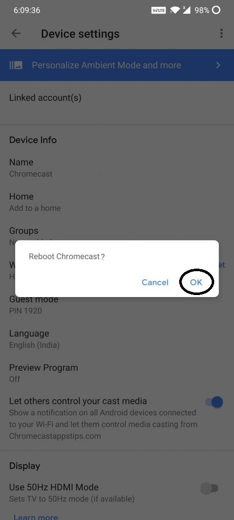 Reboot or Restart Chromecast