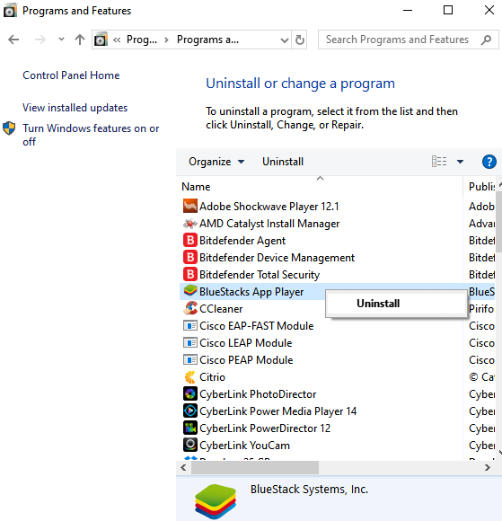 Select Uninstall option