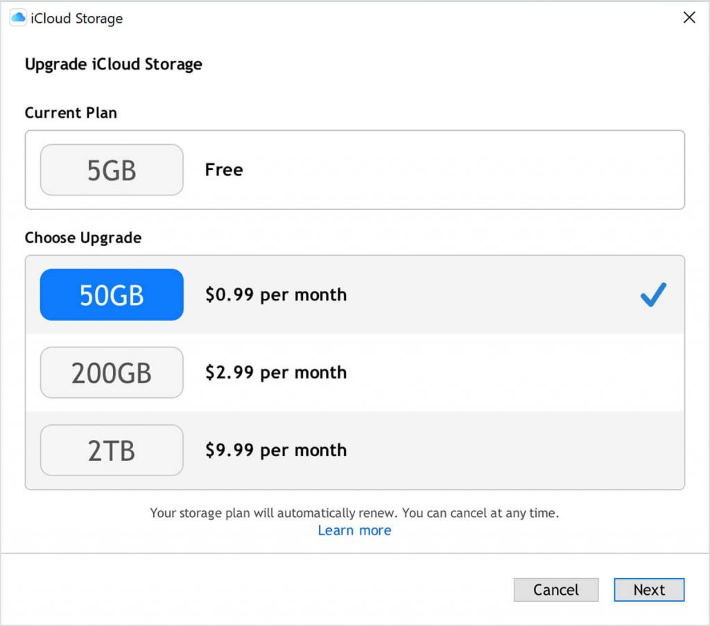 Increase iCloud Storage on Windows