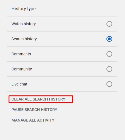 Clear all search history