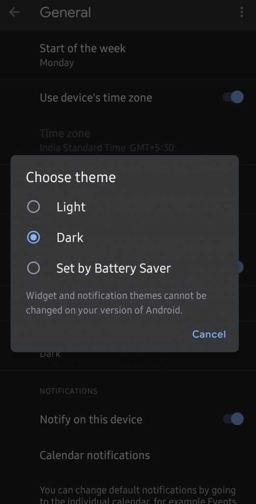 Choose Dark - Google Calendar Dark Mode