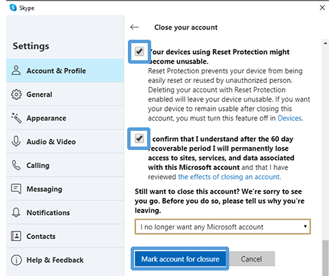 Choose to Close Skype Account - How to Delete Skype Account