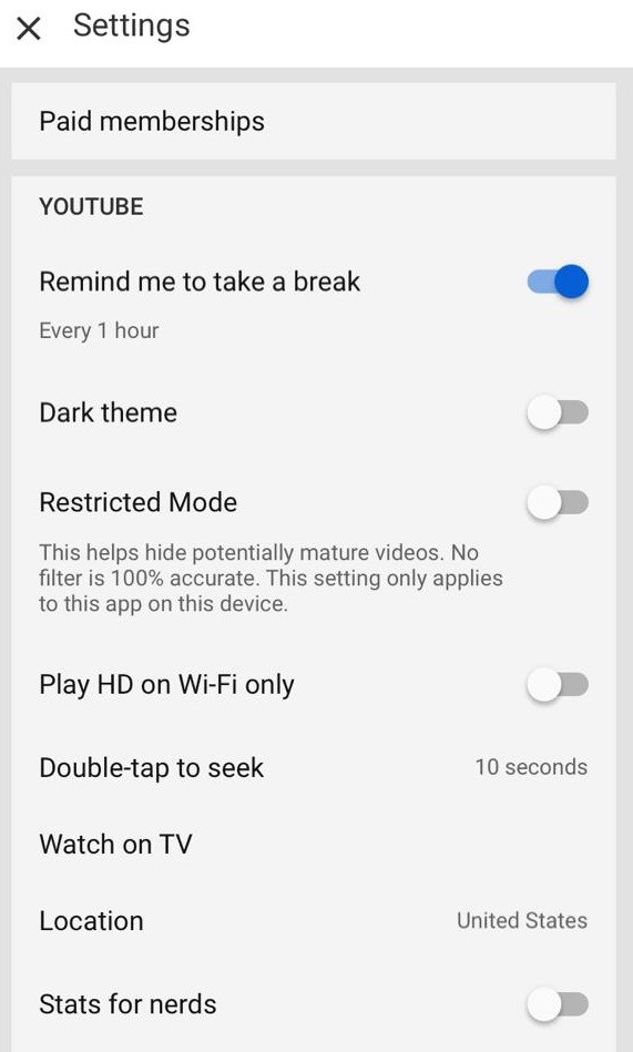 Youtube settings on iPhone