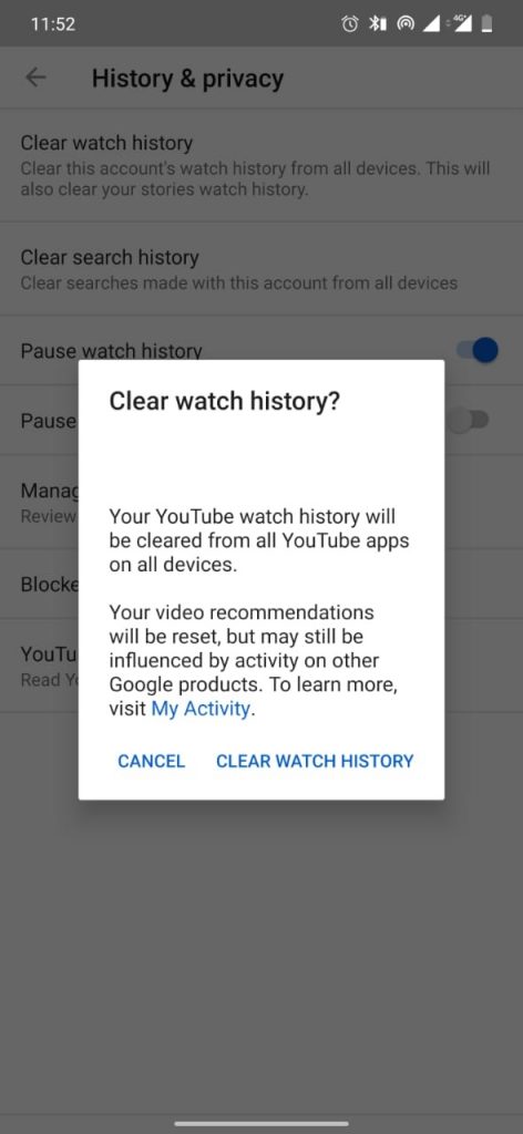 Delete Watch History on Youtube