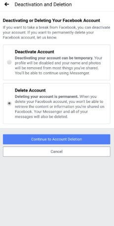 Click Delete Account - Delete Facebook Account