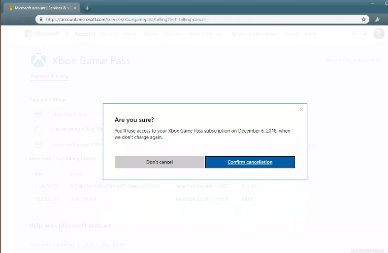 Confirm Cancelling Xbox Game Pass Subscription