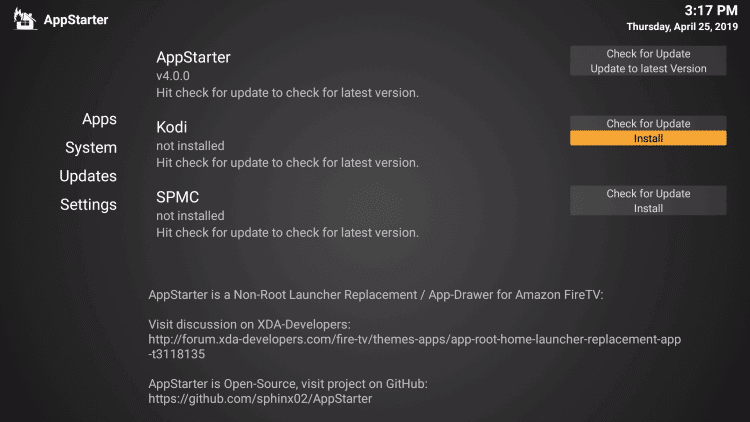 Kodi on Firestick using AppStarter
