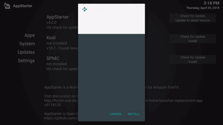 Kodi on Firestick using AppStarter