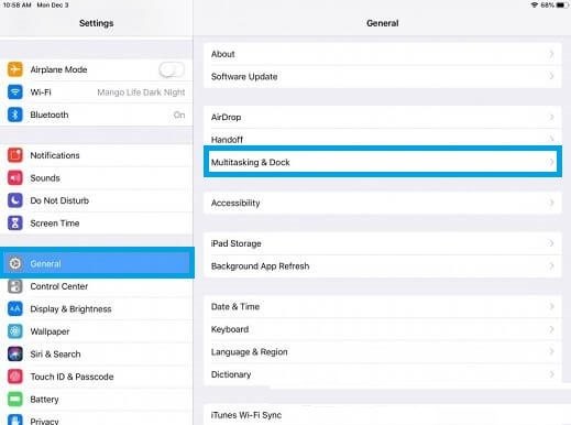 Select General and choose Multitasking and Dock option