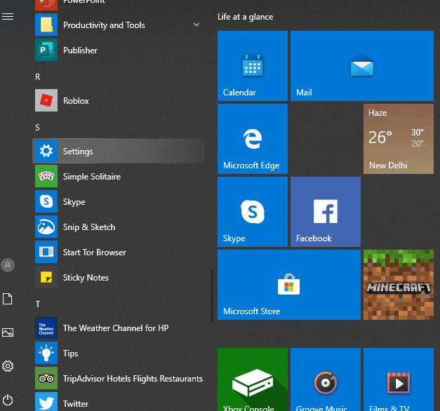 Select Settings - Windows 10 Dark Mode