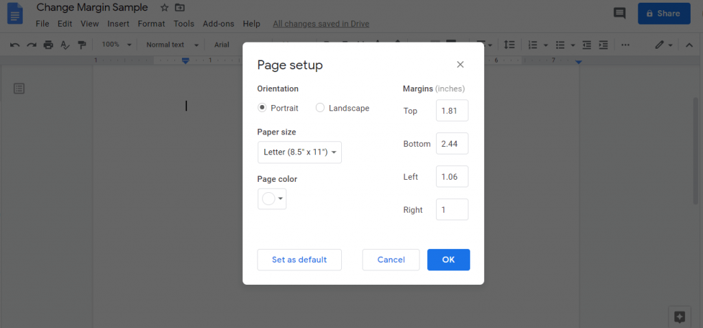 Set Margin and click on OK - How to Change Margins In Google Docs