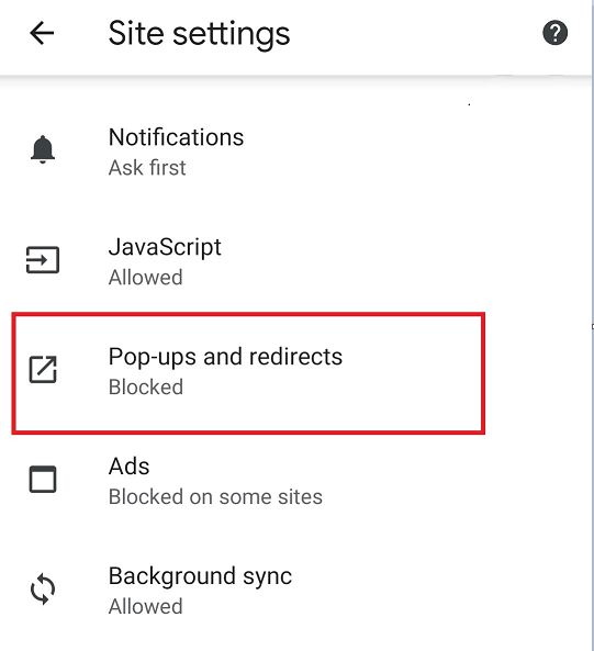 Select Pop-ups and redirects option