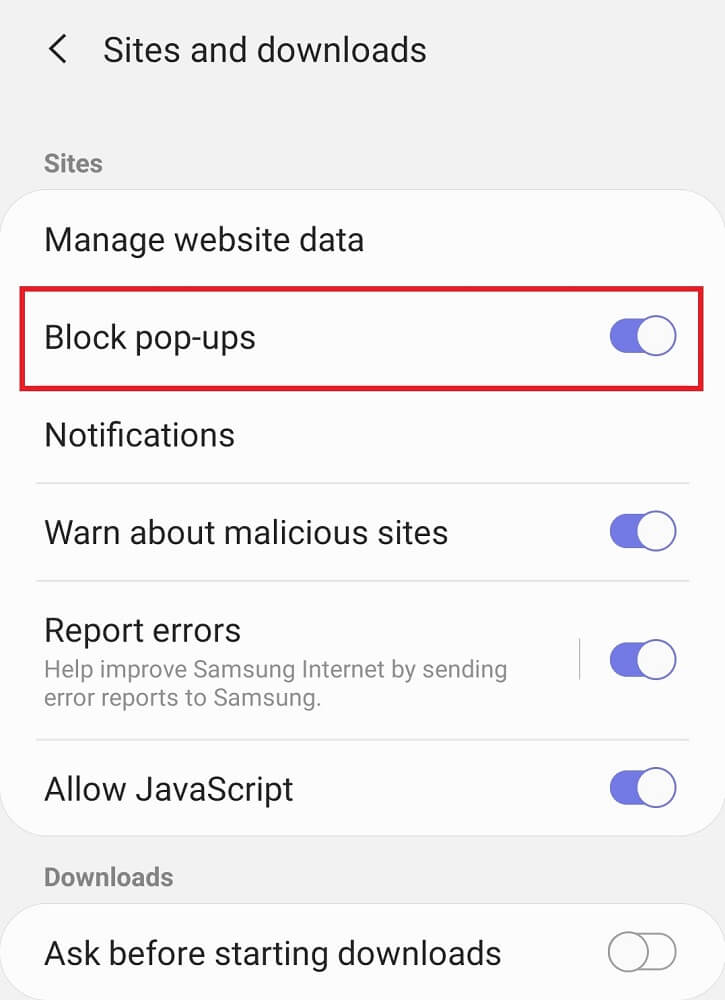 Turn on Block pop-ups option