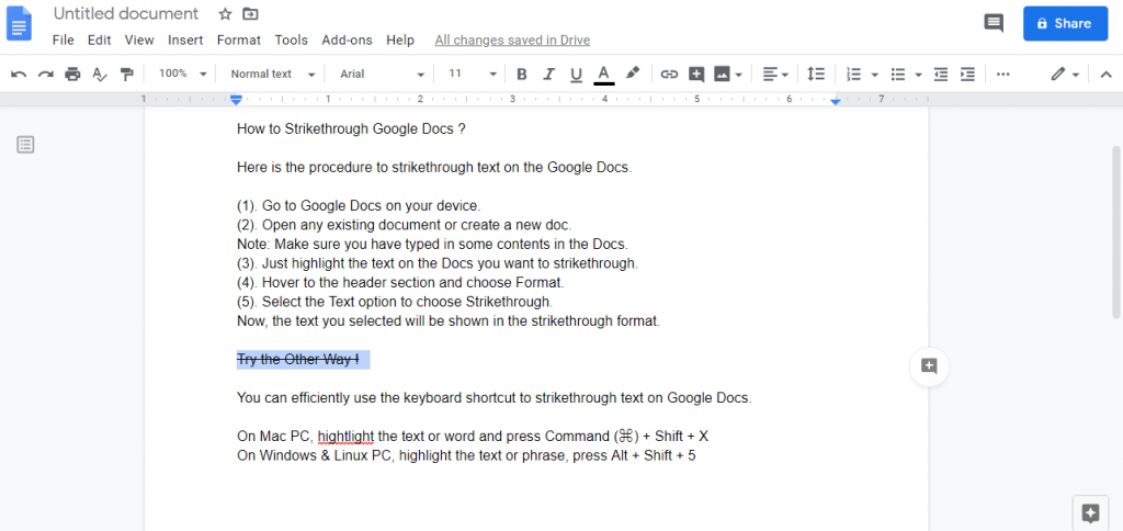 Strikethrough in Google Docs