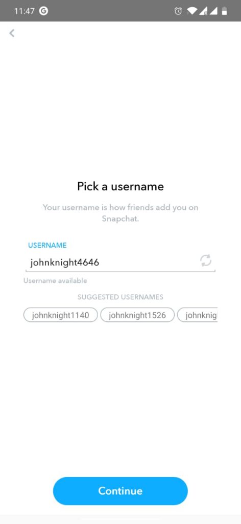 Select a username on Snapchat and click continue