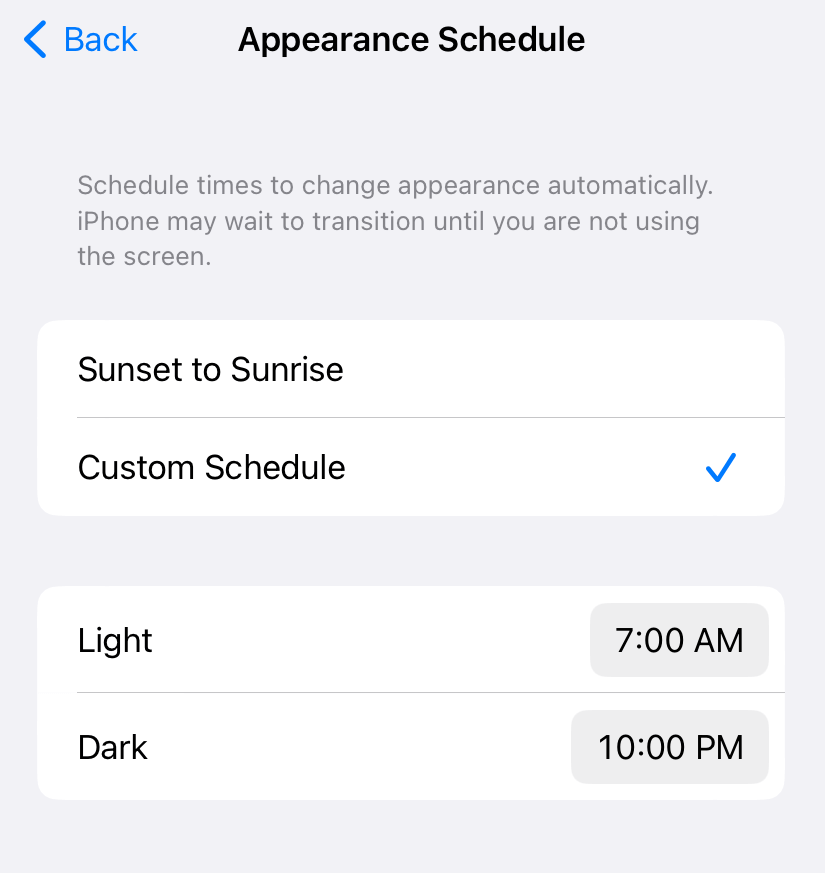 Choose custom schedule for night mode