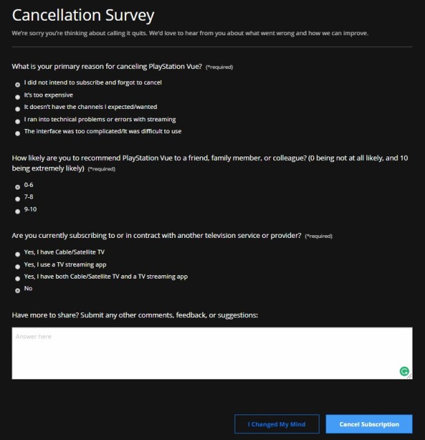 Cancel PlayStation Vue Subscription
