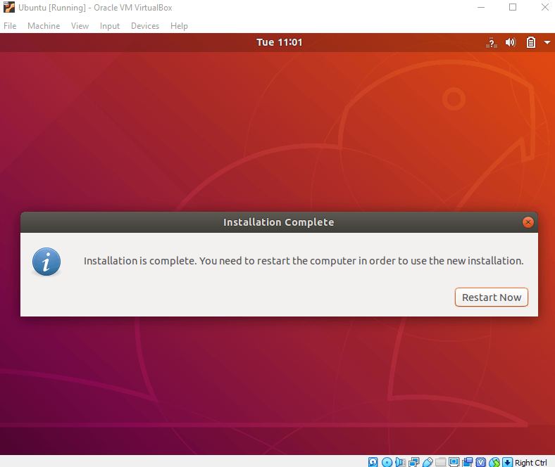 Choose to Restart Device: ubuntu on virtualbox