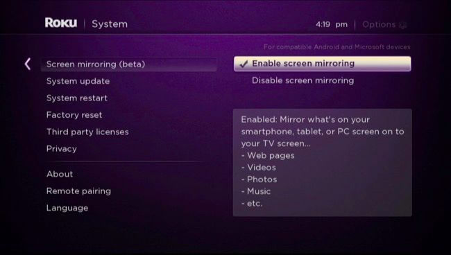 Enable Screen Mirroring on roku