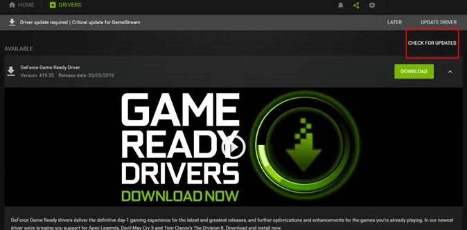 Select Check for Updates: How to Update Nvidia Drivers