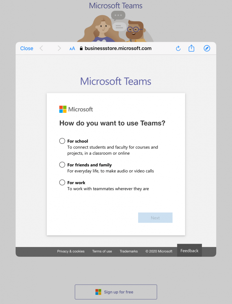 Sign Up for Microsoft Teams