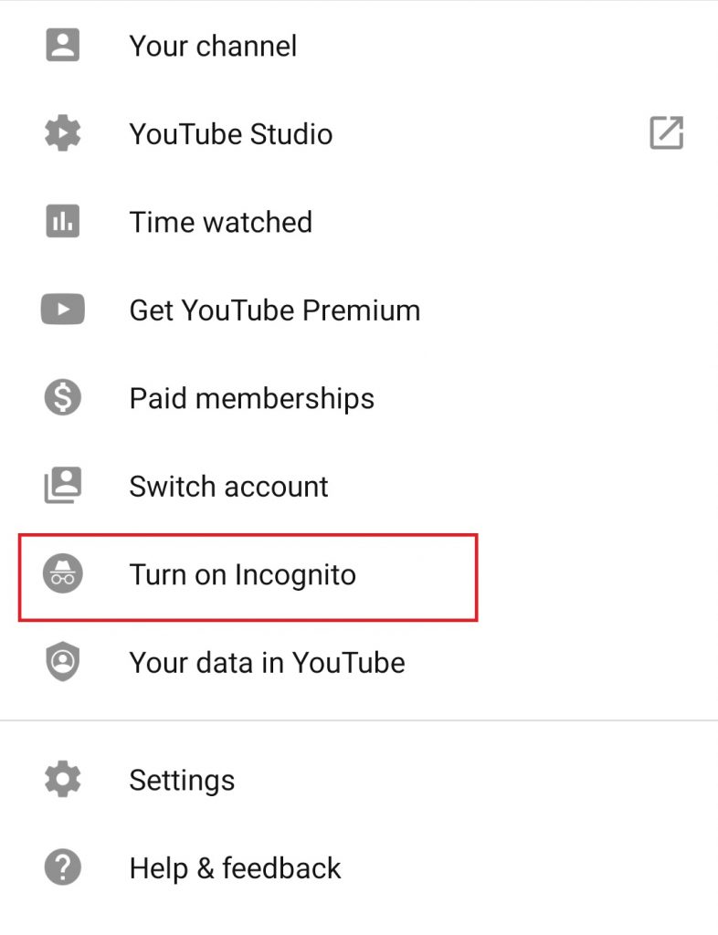 Incognito mode on YouTube