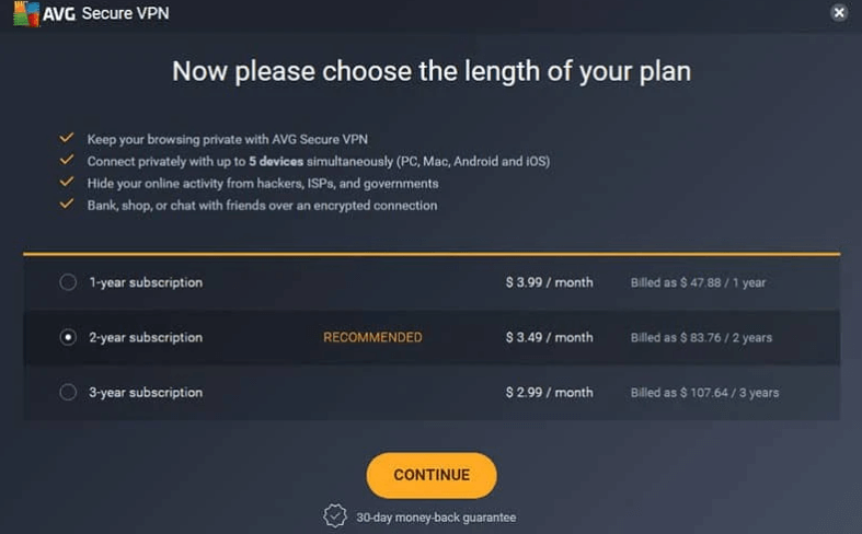 AVG VPN Pricing