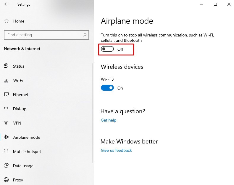 Airplane mode on Windows 10