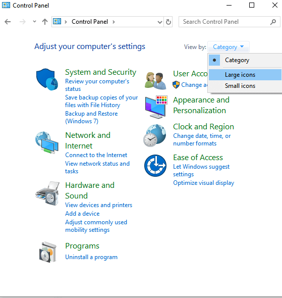 Click on Large icon - How to Turn Off Windows Update