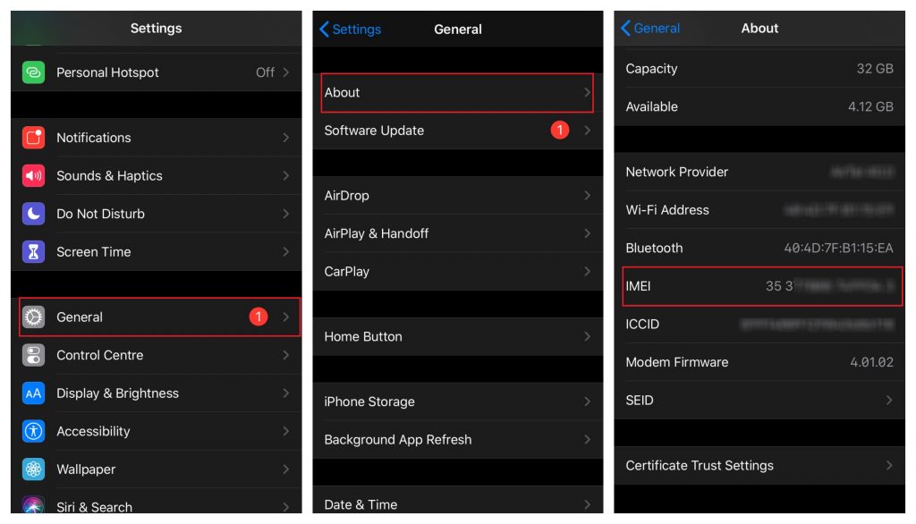 Get IMEI number using settings