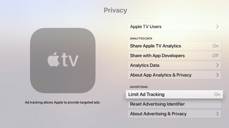 Highlight LimitAd Tracking-Block Ads on Apple TV