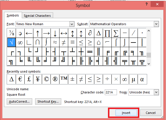 Choose Square Root Symbol and click Insert